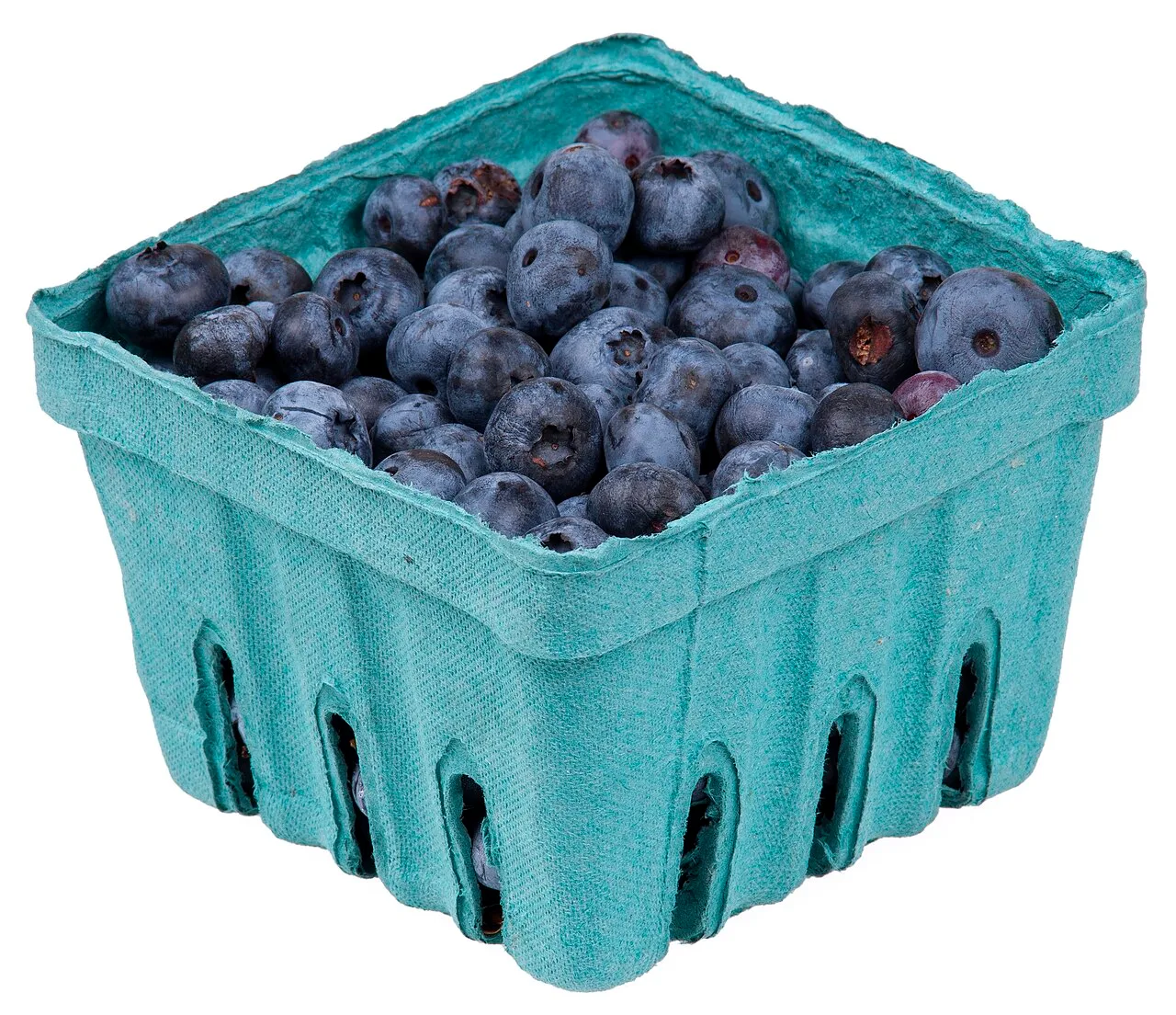 Fresh blueberries in a green cardboard pint basket