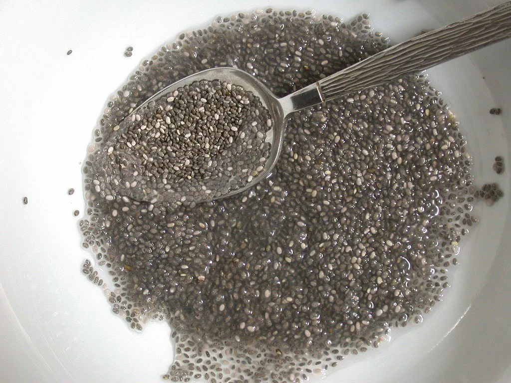 Dry chia seeds in a white bowl with a measuring spoon