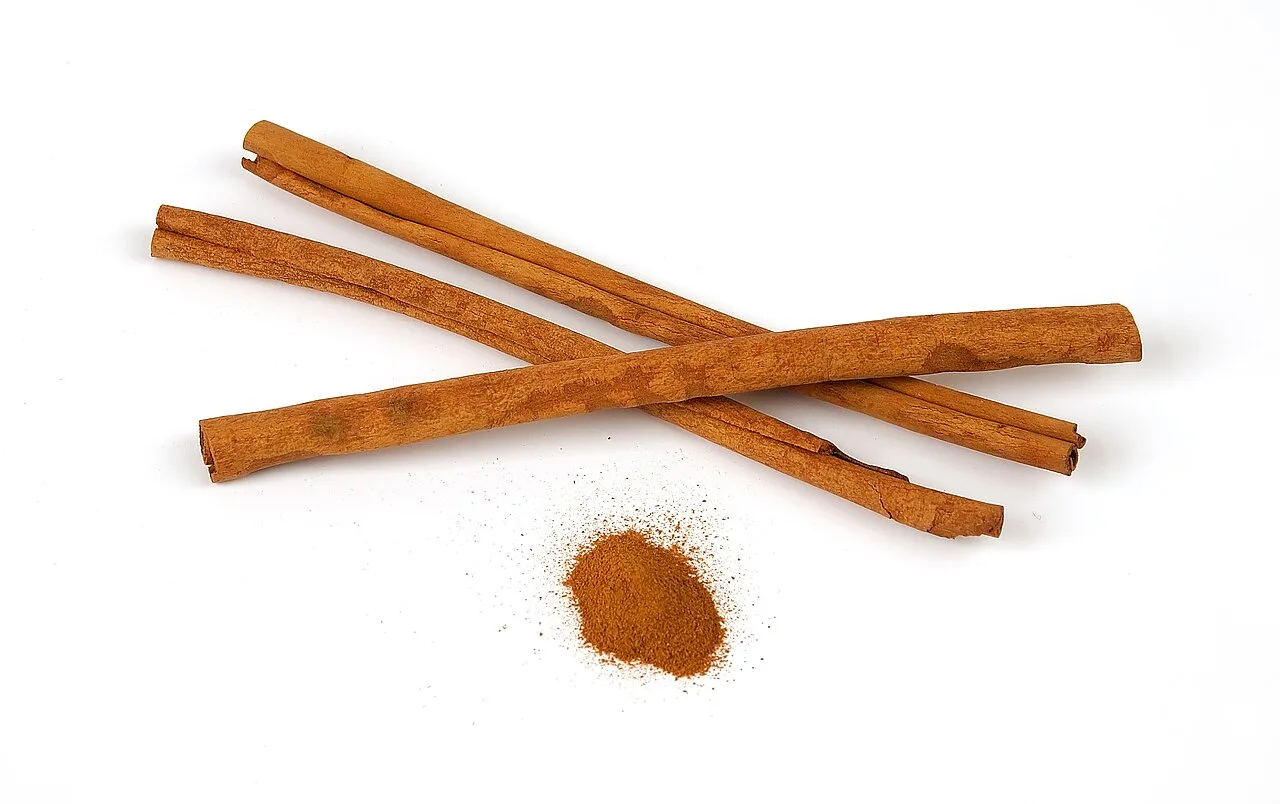 Cinnamon sticks and ground cinnamon powder on a white background
