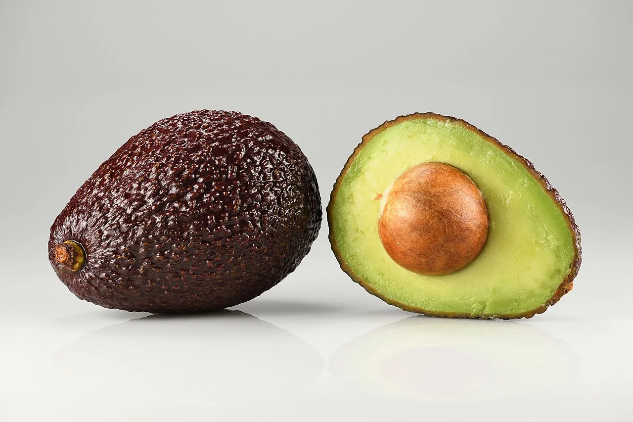 A whole Hass avocado beside a halved one showing the pit and green flesh